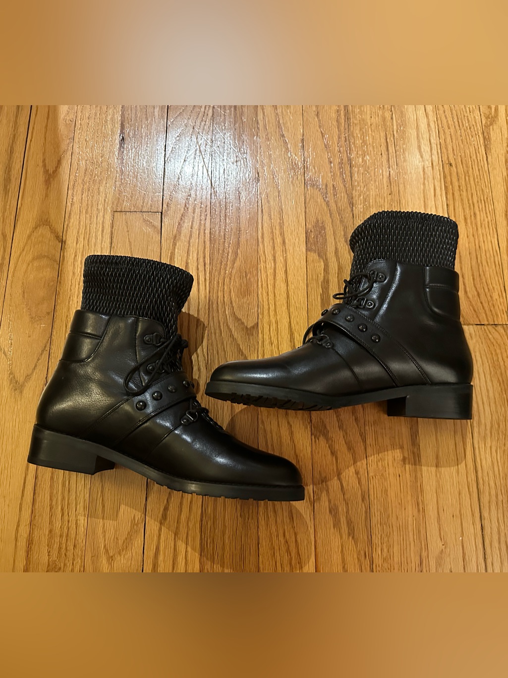 Stuart Weitzman Womenâs Black Nappa Stitch Work Combat Boots Size 8